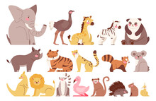 Cute Animal Set. Wild Cats, Elephant, Monkey And Lemur. Panda,