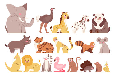 Cute animal set. Wild cats, elephant, monkey and lemur. Panda,