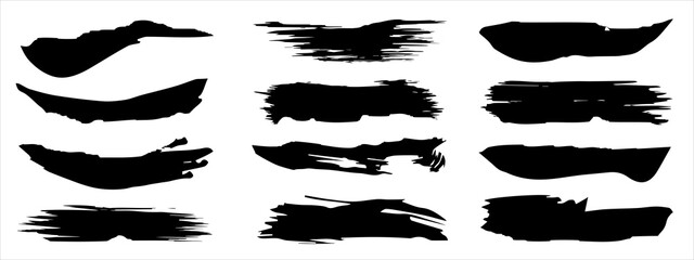 Wall Mural - Vector collection of artistic grungy black paint hand made creative brush stroke set isolated on banner background. A group of abstract grunge sketches for design education or graphic art decoration