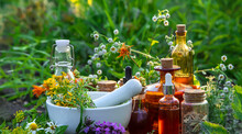 Medicinal Herbs And Tinctures Alternative Medicine. Selective Focus.