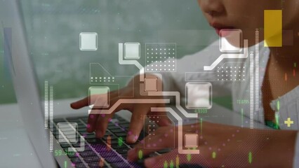 Wall Mural - Animation of data processing over asian girl using laptop