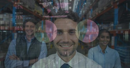 Poster - Animation of statistics and financial data processing over man working in warehouse