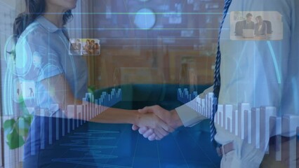 Poster - Animation of data processing over diverse business people shaking hands