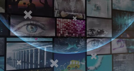 Poster - Animation of globe and icons over multiple different videos
