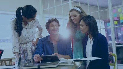 Poster - Animation of earth day text with icons over diverse business people in office