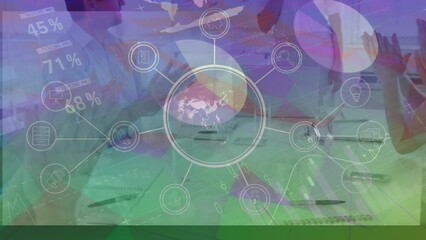 Poster - Animation of network of connections with icons and data processing over diverse business people
