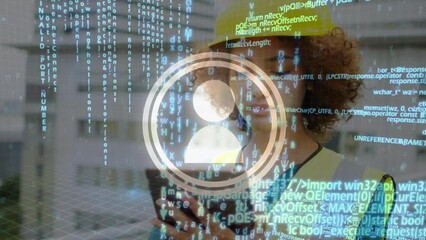 Poster - Animation of data processing over biracial female worker using tablet