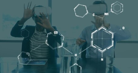 Sticker - Animation of chemical formulas over two diverse people using vr headsets