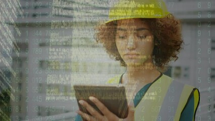 Poster - Animation of data processing over biracial female worker using tablet