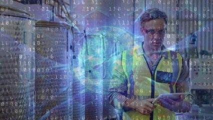 Poster - Animation of data processing over caucasian male worker using tablet