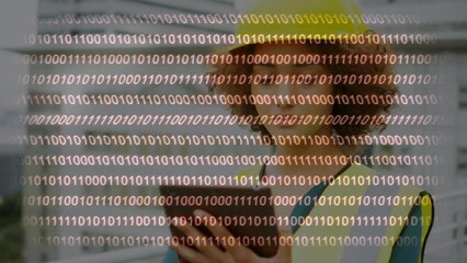 Poster - Animation of data processing over biracial female worker using tablet
