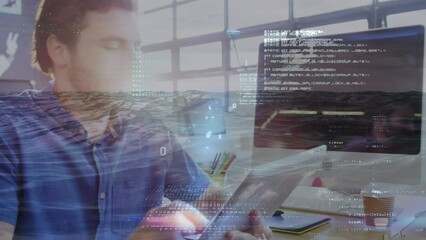 Poster - Animation of data processing over caucasian businessman using tablet