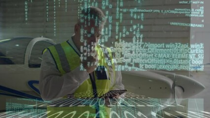 Poster - Animation of data processing over caucasian male worker using tablet