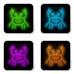 Sticker - Glowing neon line Crab icon isolated on white background. Black square button. Vector