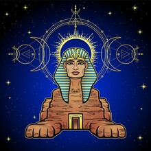 Animation Color Portrait: Egyptian Sphinx Body Of A Lion And The Head Of A Man. Egypt History. Sacred Geometry, Cosmic Energy. Background - Starry Sky. Vector Illustration. 