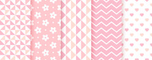 Baby Shower Pastel Patterns. Baby Girl Seamless Backgrounds. Vector Illustration.