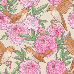 Wall Mural - Pink peony and birds vector seamless pattern