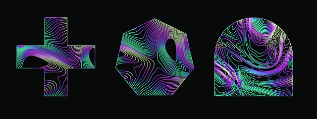 Poster - Set of holographic shapes on a dark background. Elements for logotype design.
