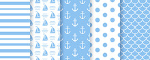 Nautical Baby Shower Seamless Patterns. Marine Sea Backgrounds. Set Blue Geometric Prints For Scrapbooking Design.