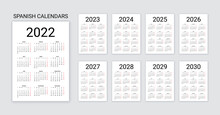 Spanish Calendar 2022, 2023, 2024, 2025, 2026, 2027, 2028, 2029, 2030 Years. Simple Pocket Template. Vector Illustration.
