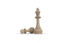 Wood Chess King Wins The Game Vs Wood Pawn On White Background, Business Strategy And Success Concept, 3d Rendering