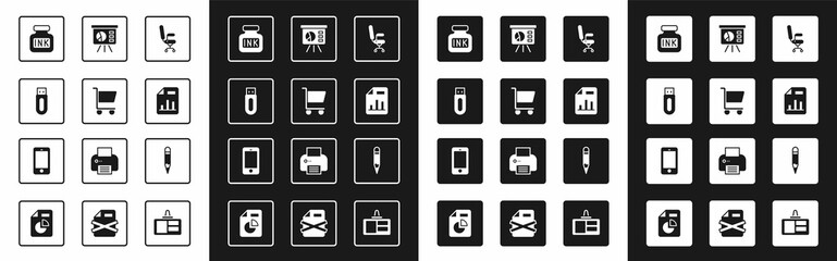 Poster - Set Office chair, Shopping cart, USB flash drive, Inkwell, Document with graph chart, Board, Pencil and Mobile phone icon. Vector