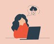 © SomethingCool! - Young woman feels headache and cries covering her face. Stressed girl feeling depression and anxiety at her office. Female under rainy and stormy cloud concept. Vector stock