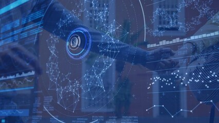 Poster - Animation of data and connections over diverse woman and man holding hands