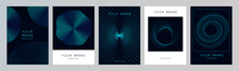 Vector Set. Abstract Blue Green Light Lines Weaving Dynamic Pattern In Circle, Vortex Shape Isolated On Dark Background. Modern Poster Concept Of Music, Technology, Science, Cyber, Robot, A.I.	