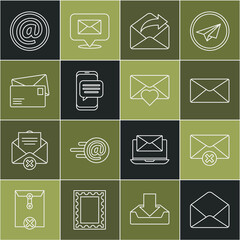 Poster - Set line Envelope, Delete envelope, Outgoing mail, Chat messages notification on phone, Mail and e-mail and with Valentine heart icon. Vector