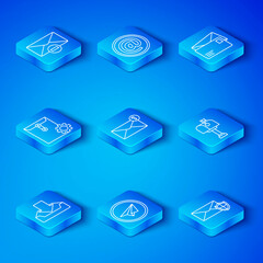 Poster - Set line Download inbox, Envelope, Paper plane, Mail, setting, Delete envelope and with shield icon. Vector