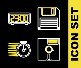 Poster - Set line Floppy disk, in the 5.25-inch, Stopwatch and Digital alarm clock icon. Vector