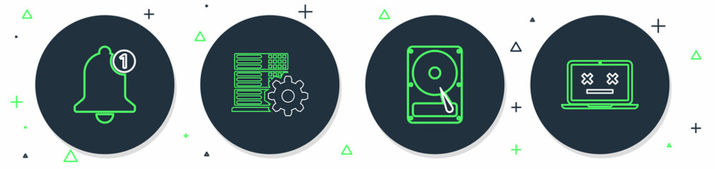 Poster - set line server setting, hard disk drive hdd, bell and dead laptop icon. vector