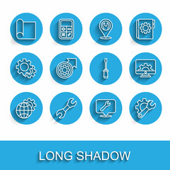 Poster - Set line Globe of the Earth and gear, Wrench spanner, Graphing paper for engineering, Location with wrench, Gear arrows as workflow process, Computer monitor and Screwdriver icon. Vector