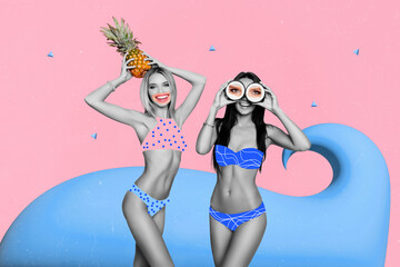 Poster - Creative collage image of two crazy cheerful girls black white effect arms hold pineapple coconut eyes isolated on painted background