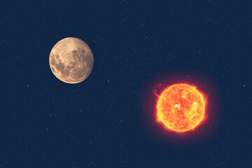 Wall Mural - full super moon glowing against blue sky and sun glowing, abstract dark background. elements of this