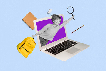 Sticker - Collage image of mini school boy black white colors hold backpack through netbook screen isolated on creative background