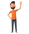 Cartoon character guy in an orange t-shirt waving his hand on a white background. 3d render illustration.
