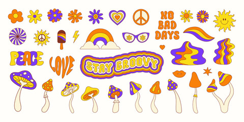 Poster - Retro set of groovy hippie elements in style 70s, 80s. Colorful icons mushrooms, daisy flowers, peace symbol, rainbow, waves and text isolated on a white background. Vector illustration