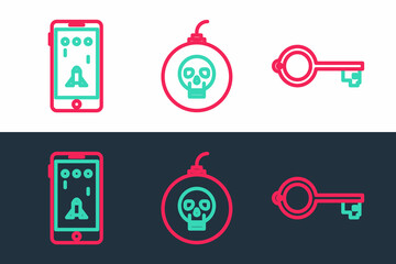 Poster - Set line Ancient key for game, Mobile and playing in and Bomb ready to explode icon. Vector