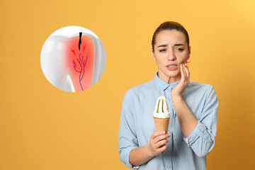 Canvas Print - Young woman with ice cream suffering from acute toothache on orange background