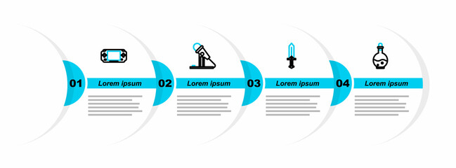 Poster - Set line Bottle with magic elixir, Sword for game, Microphone and Portable video console icon. Vector