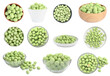 Set with spicy wasabi coated peanuts on white background