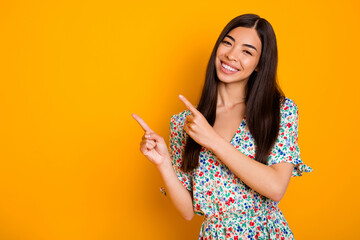 Wall Mural - Photo of pretty gorgeous female in floral dress show black friday promotion sales isolated on yellow color background