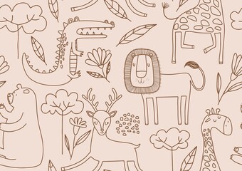 Wall Mural - Cute seamless pattern with wild animals line art.