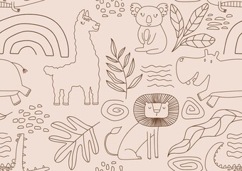 Cute seamless pattern with wild animals line art.