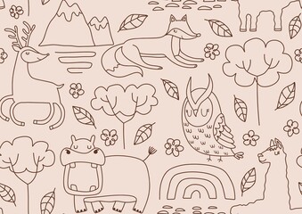 Wall Mural - Cute seamless pattern with wild animals line art.