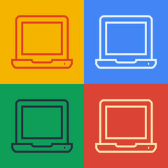 Aufkleber - Pop art line Laptop icon isolated on color background. Computer notebook with empty screen sign. Vector