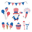 © Elena Iakovleva - 4th July festive vector set isolated on white background. USA Independence Day elements with patriotic gnome, sweets, balloons, fireworks, garland. For poster, banner, cards, web template