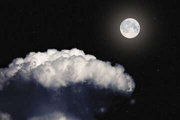 Wall Mural - fantasy night landscape, glowing super moon surrounded by stars above cloud. daydreaming image.